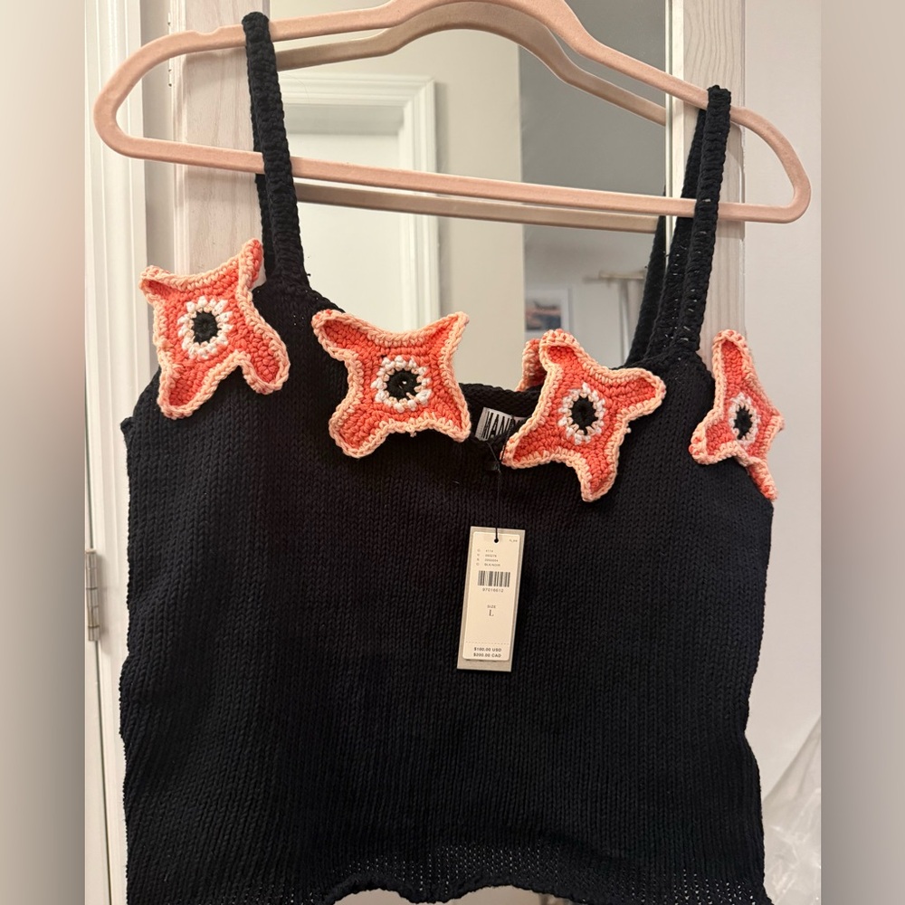 Anthropologie Black Knit cropped Top with Coral/ orange Accents. New with tags